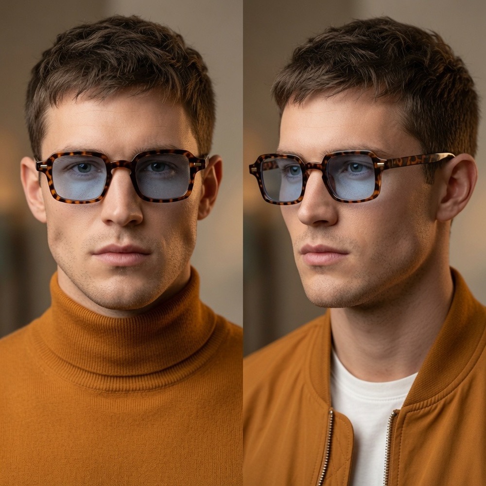 Mens Tortoiseshell Square Sunglasses Blue Tint Lens Retro UV400 Fashion Shades